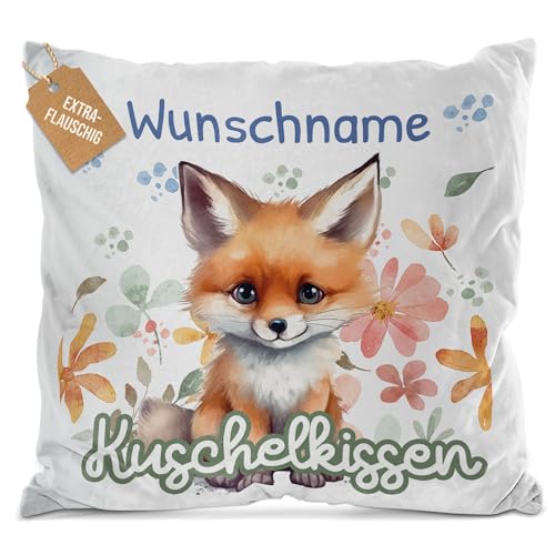 PR Print Royal Flauschiges Kuschel-Kissen für Kinder mit Füllung mit Name selbst gestalten - Fuchs Kissen für Mädchen und Jungs, Kinderkissen mit Name | 40 x 40 cm, Weiß Flauschig von PR Print Royal