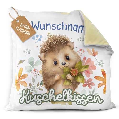 PR Print Royal Flauschiges Kuschel-Kissen für Kinder mit Füllung mit Name selbst gestalten - Igel Kissen für Mädchen und Jungs, Kinderkissen mit Name | 40 x 40 cm, Rückseite Gelb Flauschig von PR Print Royal