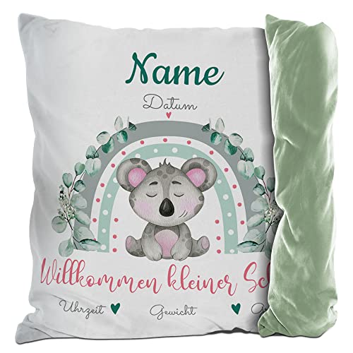 PR Print Royal Kissen mit Füllung - mit Geburtsdaten Personalisieren - Wilkommen Kleiner Schatz - Koala - Geschenke zur Geburt, Geschenkideen Geburt | inkl. Kissenfüllung, Rückseite Grün, 40x40cm von PR Print Royal