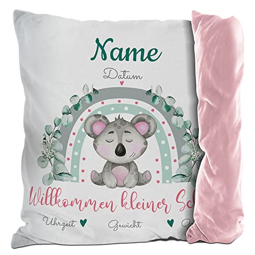 PR Print Royal Kissen mit Füllung - mit Geburtsdaten Personalisieren - Wilkommen Kleiner Schatz - Koala - Geschenke zur Geburt, Geschenkideen Geburt | inkl. Kissenfüllung, Rückseite Rosa, 40x40cm von PR Print Royal