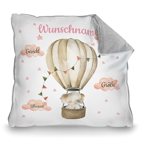 PR Print Royal Kissen zur Geburt mit Name und Geburtsdaten Personalisieren - Elefant im Heißluftballon - Personalisiertes Geschenk zur Geburt | 40 x 40 cm, Rückseite Pastellgrau von PR Print Royal