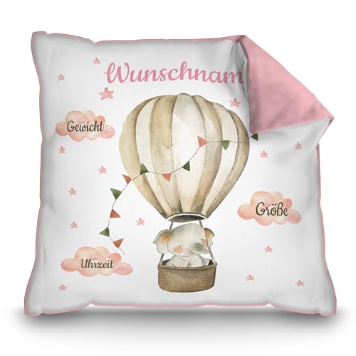 PR Print Royal Kissen zur Geburt mit Name und Geburtsdaten Personalisieren - Elefant im Heißluftballon - Personalisiertes Geschenk zur Geburt | 40 x 40 cm, Rückseite Rosa von PR Print Royal