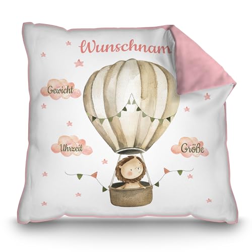 PR Print Royal Kissen zur Geburt mit Name und Geburtsdaten Personalisieren - Löwe im Heißluftballon - Personalisiertes Geschenk zur Geburt | 40 x 40 cm, Rückseite Rosa PR Print Royal Kissen zur Geburt mit Name und Geburtsdaten Personalisieren - Löwe im Heißluftballon - Personalisiertes Geschenk zur Geburt | 40 x 40 cm, Rückseite Rosa von PR Print Royal
