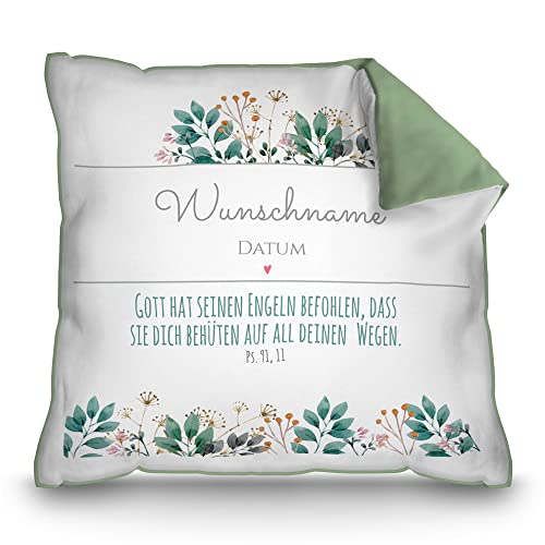 PR Print Royal Kissen zur Taufe mit Name & Datum - Blumen - Gott hat seinen Engeln befohlen - Grün - Geschenke zur Taufe, personalisierte Taufgeschenke | mit Kissenfüllung, Rückseite Grün PR Print Royal Kissen zur Taufe mit Name & Datum - Blumen - Gott hat seinen Engeln befohlen - Grün - Geschenke zur Taufe, personalisierte Taufgeschenke | mit Kissenfüllung, Rückseite Grün von PR Print Royal