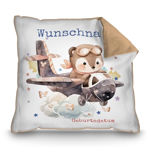PR Print Royal Personalisiertes Kissen für Kinder mit Name und Geburtsdatum selbst gestalten - Dachs im Flugzeug - Dachs Kinderkissen mit Name | 40 x 40 cm, Rückseite Mokka PR Print Royal Personalisiertes Kissen für Kinder mit Name und Geburtsdatum selbst gestalten - Dachs im Flugzeug - Dachs Kinderkissen mit Name | 40 x 40 cm, Rückseite Mokka von PR Print Royal