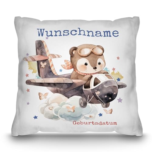 PR Print Royal Personalisiertes Kissen für Kinder mit Name und Geburtsdatum selbst gestalten - Dachs im Flugzeug - Dachs Kinderkissen mit Name | 40 x 40 cm, Weiß Polyester PR Print Royal Personalisiertes Kissen für Kinder mit Name und Geburtsdatum selbst gestalten - Dachs im Flugzeug - Dachs Kinderkissen mit Name | 40 x 40 cm, Weiß Polyester von PR Print Royal