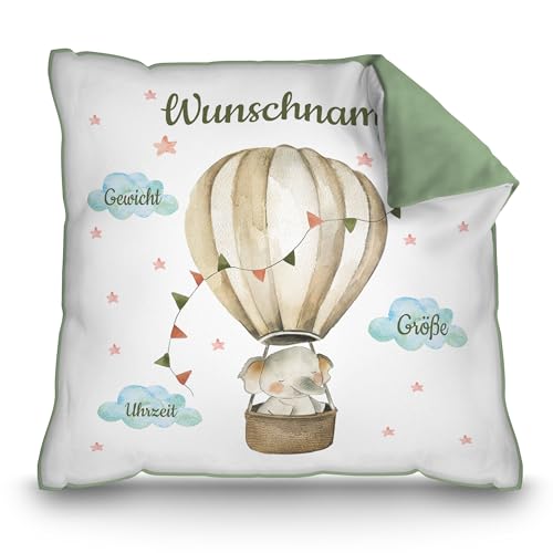 PR Print Royal Personalisiertes Kissen zur Geburt - Elefant im Heißluftballon - Geschenk zur Geburt mit Name und Geburtsdaten Personalisieren | 40 x 40 cm, Rückseite Grün PR Print Royal Personalisiertes Kissen zur Geburt - Elefant im Heißluftballon - Geschenk zur Geburt mit Name und Geburtsdaten Personalisieren | 40 x 40 cm, Rückseite Grün von PR Print Royal