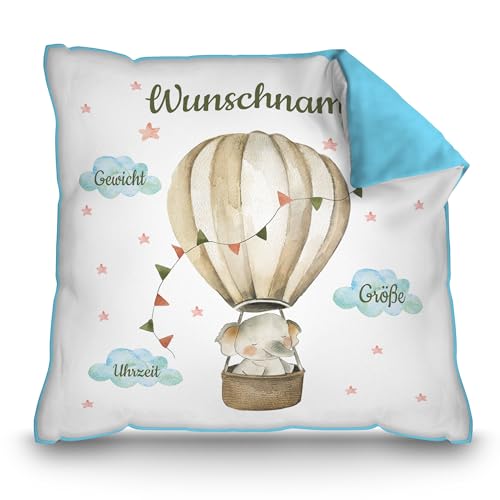 PR Print Royal Personalisiertes Kissen zur Geburt - Elefant im Heißluftballon - Geschenk zur Geburt mit Name und Geburtsdaten Personalisieren | 40 x 40 cm, Rückseite Hellblau von PR Print Royal