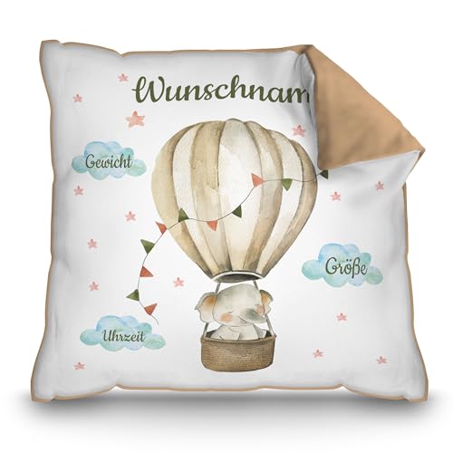 PR Print Royal Personalisiertes Kissen zur Geburt - Elefant im Heißluftballon - Geschenk zur Geburt mit Name und Geburtsdaten Personalisieren | 40 x 40 cm, Rückseite Mokka PR Print Royal Personalisiertes Kissen zur Geburt - Elefant im Heißluftballon - Geschenk zur Geburt mit Name und Geburtsdaten Personalisieren | 40 x 40 cm, Rückseite Mokka von PR Print Royal