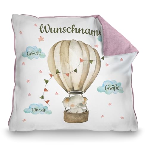 PR Print Royal Personalisiertes Kissen zur Geburt - Elefant im Heißluftballon - Geschenk zur Geburt mit Name und Geburtsdaten Personalisieren | 40 x 40 cm, Rückseite Pastellrosa PR Print Royal Personalisiertes Kissen zur Geburt - Elefant im Heißluftballon - Geschenk zur Geburt mit Name und Geburtsdaten Personalisieren | 40 x 40 cm, Rückseite Pastellrosa von PR Print Royal