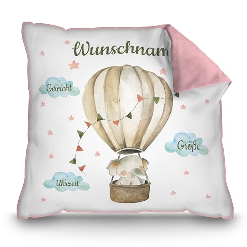 PR Print Royal Personalisiertes Kissen zur Geburt - Elefant im Heißluftballon - Geschenk zur Geburt mit Name und Geburtsdaten Personalisieren | 40 x 40 cm, Rückseite Rosa PR Print Royal Personalisiertes Kissen zur Geburt - Elefant im Heißluftballon - Geschenk zur Geburt mit Name und Geburtsdaten Personalisieren | 40 x 40 cm, Rückseite Rosa von PR Print Royal