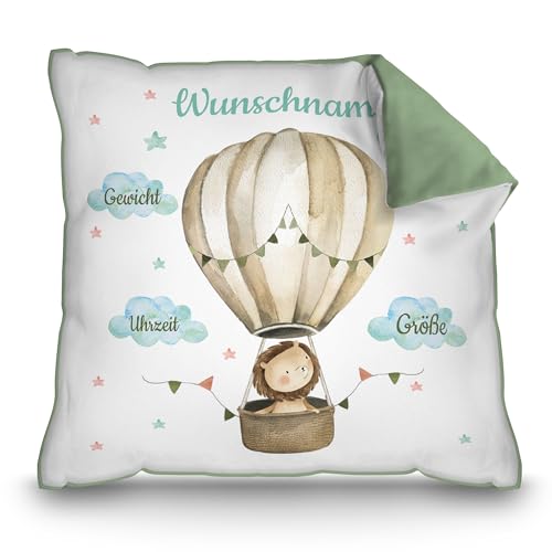 PR Print Royal Personalisiertes Kissen zur Geburt - Löwe im Heißluftballon - Geschenk zur Geburt mit Name und Geburtsdaten Personalisieren | 40 x 40 cm, Rückseite Grün PR Print Royal Personalisiertes Kissen zur Geburt - Löwe im Heißluftballon - Geschenk zur Geburt mit Name und Geburtsdaten Personalisieren | 40 x 40 cm, Rückseite Grün von PR Print Royal