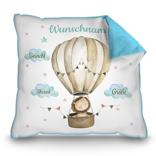 PR Print Royal Personalisiertes Kissen zur Geburt - Löwe im Heißluftballon - Geschenk zur Geburt mit Name und Geburtsdaten Personalisieren | 40 x 40 cm, Rückseite Hellblau PR Print Royal Personalisiertes Kissen zur Geburt - Löwe im Heißluftballon - Geschenk zur Geburt mit Name und Geburtsdaten Personalisieren | 40 x 40 cm, Rückseite Hellblau von PR Print Royal