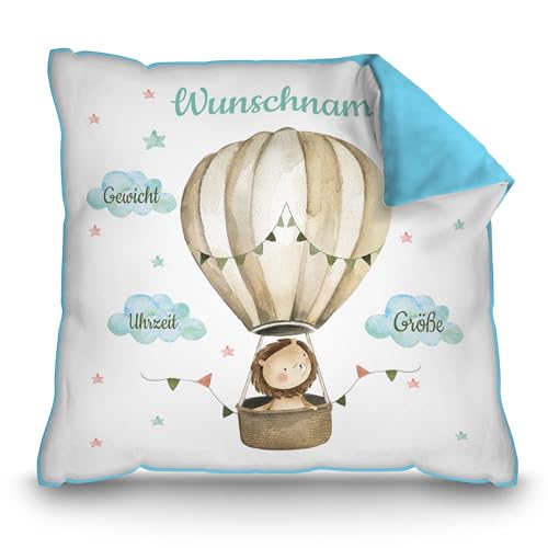 PR Print Royal Personalisiertes Kissen zur Geburt - Löwe im Heißluftballon - Geschenk zur Geburt mit Name und Geburtsdaten Personalisieren | 40 x 40 cm, Rückseite Hellblau von PR Print Royal