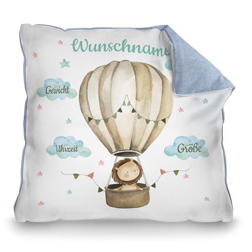 PR Print Royal Personalisiertes Kissen zur Geburt - Löwe im Heißluftballon - Geschenk zur Geburt mit Name und Geburtsdaten Personalisieren | 40 x 40 cm, Rückseite Pastellblau PR Print Royal Personalisiertes Kissen zur Geburt - Löwe im Heißluftballon - Geschenk zur Geburt mit Name und Geburtsdaten Personalisieren | 40 x 40 cm, Rückseite Pastellblau von PR Print Royal
