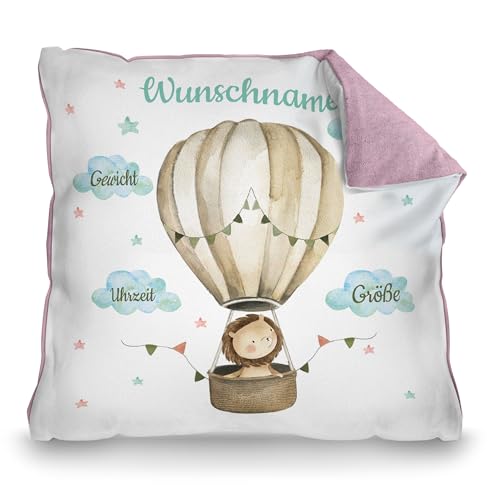 PR Print Royal Personalisiertes Kissen zur Geburt - Löwe im Heißluftballon - Geschenk zur Geburt mit Name und Geburtsdaten Personalisieren | 40 x 40 cm, Rückseite Pastellrosa PR Print Royal Personalisiertes Kissen zur Geburt - Löwe im Heißluftballon - Geschenk zur Geburt mit Name und Geburtsdaten Personalisieren | 40 x 40 cm, Rückseite Pastellrosa von PR Print Royal