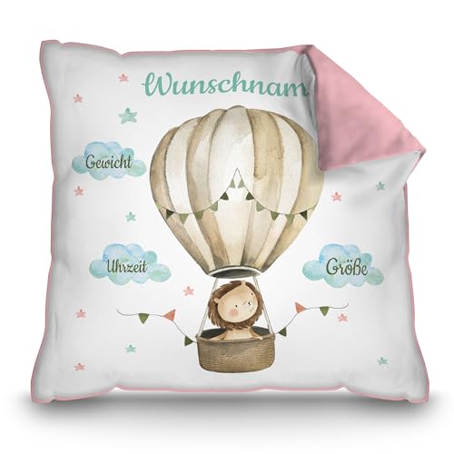 PR Print Royal Personalisiertes Kissen zur Geburt - Löwe im Heißluftballon - Geschenk zur Geburt mit Name und Geburtsdaten Personalisieren | 40 x 40 cm, Rückseite Rosa von PR Print Royal