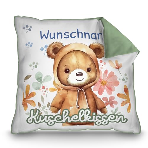 PR Print Royal Personalisiertes Kuschel-Kissen für Kinder mit Füllung - mit Name selbst gestalten - Bär Kissen für Mädchen und Jungs, Kinderkissen mit Name | 40 x 40 cm, Rückseite Grün von PR Print Royal