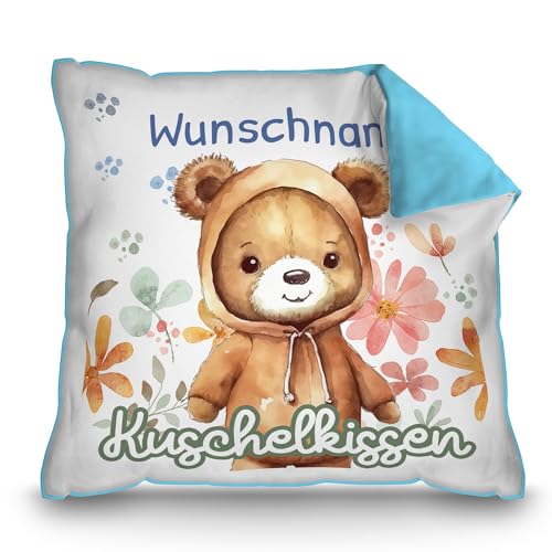 PR Print Royal Personalisiertes Kuschel-Kissen für Kinder mit Füllung - mit Name selbst gestalten - Bär Kissen für Mädchen und Jungs, Kinderkissen mit Name | 40 x 40 cm, Rückseite Hellblau von PR Print Royal