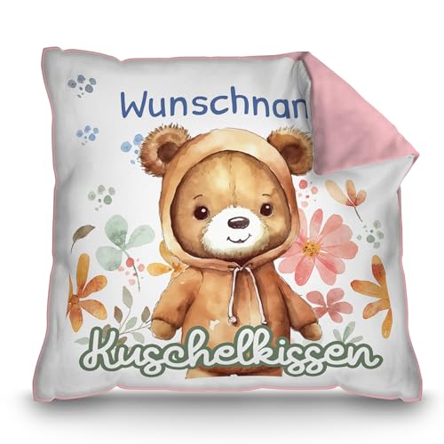 PR Print Royal Personalisiertes Kuschel-Kissen für Kinder mit Füllung - mit Name selbst gestalten - Bär Kissen für Mädchen und Jungs, Kinderkissen mit Name | 40 x 40 cm, Rückseite Rosa von PR Print Royal