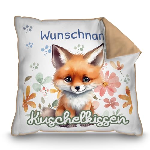 PR Print Royal Personalisiertes Kuschel-Kissen für Kinder mit Füllung - mit Name selbst gestalten - Fuchs Kissen für Mädchen und Jungs, Kinderkissen mit Name | 40 x 40 cm, Rückseite Mokka von PR Print Royal