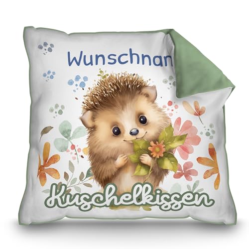 PR Print Royal Personalisiertes Kuschel-Kissen für Kinder mit Füllung - mit Name selbst gestalten - Igel Kissen für Mädchen und Jungs, Kinderkissen mit Name | 40 x 40 cm, Rückseite Grün von PR Print Royal