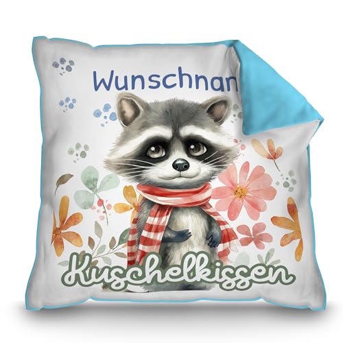 PR Print Royal Personalisiertes Kuschel-Kissen für Kinder mit Füllung - mit Name selbst gestalten - Waschbär Kissen für Mädchen und Jungs, Kinderkissen mit Name | 40 x 40 cm, Rückseite Hellblau PR Print Royal Personalisiertes Kuschel-Kissen für Kinder mit Füllung - mit Name selbst gestalten - Waschbär Kissen für Mädchen und Jungs, Kinderkissen mit Name | 40 x 40 cm, Rückseite Hellblau von PR Print Royal