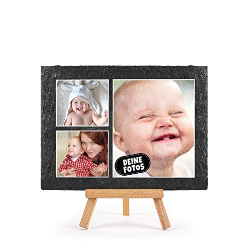 PR Print Royal Schieferplatte selbst gestalten - Foto-Collage mit 3 Fotos Bedrucken - Geschenk für Freunde, Familie I Personalisiertes Foto-Geschenk - Schiefertafel mit Staffelei, 15 x 20 cm von PR Print Royal