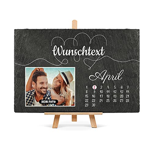 PR Print Royal Schieferplatte selbst gestalten - Kalender mit Foto, Wunschtext und Datum personalisieren - Valentinstag, Geschenk zum Jahrestag | Schiefertafel mit Staffelei, 20 x 30 cm von PR Print Royal