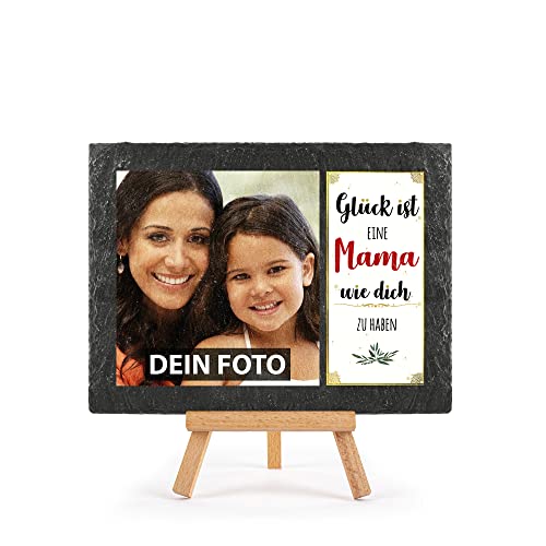 PR Print Royal Schieferplatte selbst gestalten - mit Foto Bedrucken - Glück ist eine Mama wie Dich zu haben - Geschenk Muttertag, Geburtstag, Weihnachten, Schiefertafel mit Staffelei, 15 x 20 cm von PR Print Royal