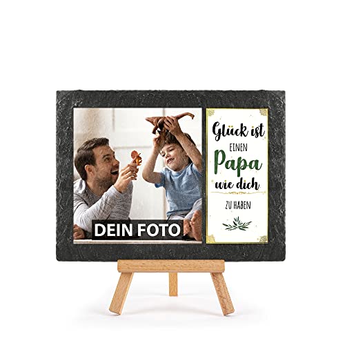 PR Print Royal Schieferplatte selbst gestalten - mit Foto Bedrucken - Glück ist einen Papa wie Dich zu haben - Geschenk Vatertag, Geburtstag, Weihnachten, Schiefertafel mit Staffelei, 15 x 20 cm von PR Print Royal