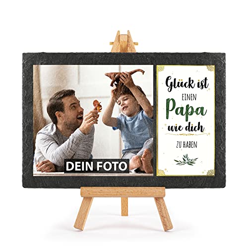 PR Print Royal Schieferplatte selbst gestalten - mit Foto Bedrucken - Glück ist einen Papa wie Dich zu haben - Geschenk Vatertag, Geburtstag, Weihnachten, Schiefertafel mit Staffelei, 20 x 30 cm von PR Print Royal