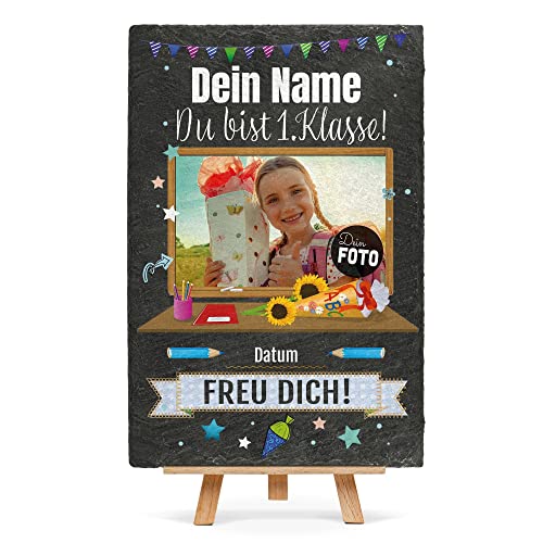 PR Print Royal Schieferplatte zur Einschulung selbst gestalten - Du bist 1. Klasse - mit Name, Datum und Foto Personalisieren - Geschenke zur Einschulung | inkl.Staffelei, 30x20cm von PR Print Royal