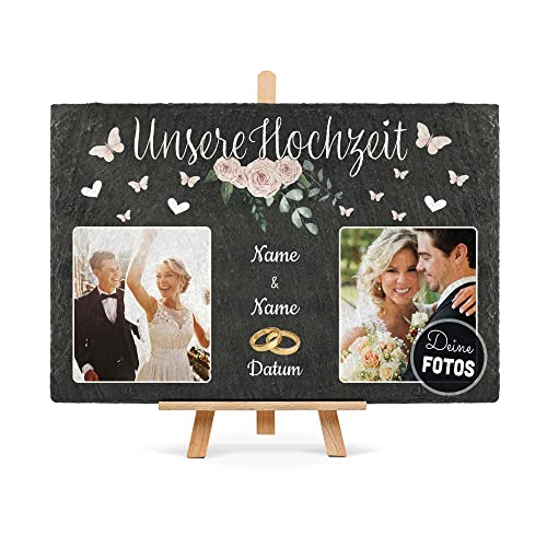 PR Print Royal Schiefertafel selbst gestalten- Fotocollage - Hochzeit - Personalisiertes Hochzeitsgeschenk - Geschenk zum Hochzeitstag - mit Fotos, Namen und Datum - inkl. Holzstaffelei, 20 x 30 cm von PR Print Royal