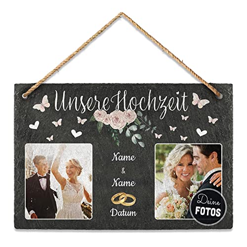 PR Print Royal Schiefertafel selbst gestalten- Fotocollage - Hochzeit - Personalisiertes Hochzeitsgeschenk - Geschenk zum Hochzeitstag - mit Fotos, Namen und Datum - zum Aufhängen, 20 x 30 cm von PR Print Royal