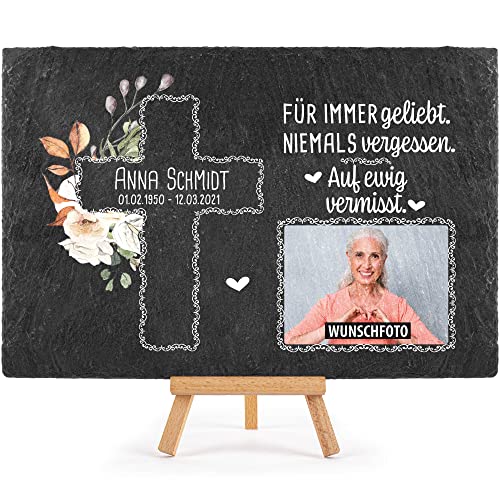 Schieferplatte selbst gestalten - Gedenktafel mit Foto, Name & Datum bedrucken - Für immer geliebt - Grabtafel, Grabschmuck - Schiefertafel mit Staffelei, 20x30 cm I Personalisierte Erinnerung von PR Print Royal