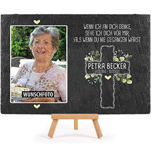 Schieferplatte selbst gestalten - Gedenktafel mit Foto, Name & Datum bedrucken - Ich denke an dich - Grabtafel, Grabschmuck - Schiefertafel mit Staffelei, 20x30 cm I Personalisierte Erinnerung von PR Print Royal