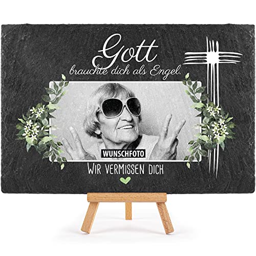 Schieferplatte selbst gestalten - Gedenktafel mit Foto bedrucken - Gott brauchte Dich als Engel - Grabtafel, Grabschmuck - Schiefertafel mit Staffelei, 20x30 cm I Personalisierte Erinnerung von PR Print Royal