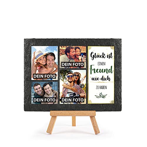 Schieferplatte selbst gestalten - mit 4 Fotos bedrucken - Glück ist einen Freund wie dich zu haben - Geschenk Valentinstag, Jahrestag, Hochzeit, Geburtstag, Schiefertafel mit Staffelei, 15 x 20 cm Schieferplatte selbst gestalten - mit 4 Fotos bedrucken - Glück ist einen Freund wie dich zu haben - Geschenk Valentinstag, Jahrestag, Hochzeit, Geburtstag, Schiefertafel mit Staffelei, 15 x 20 cm von PR Print Royal