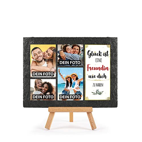 Schieferplatte selbst gestalten - mit 4 Fotos bedrucken - Glück ist einen Freundin wie dich zu haben - Geschenk Valentinstag, Jahrestag, Hochzeit, Geburtstag, Schiefertafel mit Staffelei, 15 x 20 cm Schieferplatte selbst gestalten - mit 4 Fotos bedrucken - Glück ist einen Freundin wie dich zu haben - Geschenk Valentinstag, Jahrestag, Hochzeit, Geburtstag, Schiefertafel mit Staffelei, 15 x 20 cm von PR Print Royal