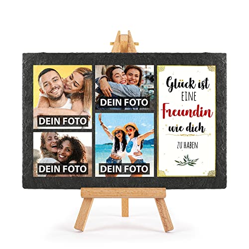 Schieferplatte selbst gestalten - mit 4 Fotos bedrucken - Glück ist einen Freundin wie dich zu haben - Geschenk Valentinstag, Jahrestag, Hochzeit, Geburtstag, Schiefertafel mit Staffelei, 20 x 30 cm von PR Print Royal