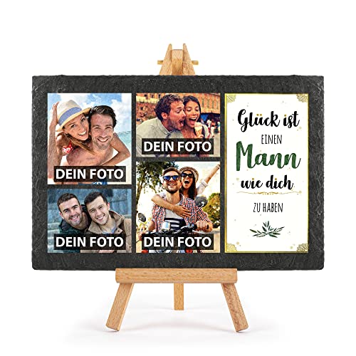Schieferplatte selbst gestalten - mit 4 Fotos bedrucken - Glück ist einen Mann wie dich zu haben - Geschenk Valentinstag, Jahrestag, Hochzeit, Geburtstag, Schiefertafel mit Staffelei, 20 x 30 cm Schieferplatte selbst gestalten - mit 4 Fotos bedrucken - Glück ist einen Mann wie dich zu haben - Geschenk Valentinstag, Jahrestag, Hochzeit, Geburtstag, Schiefertafel mit Staffelei, 20 x 30 cm von PR Print Royal