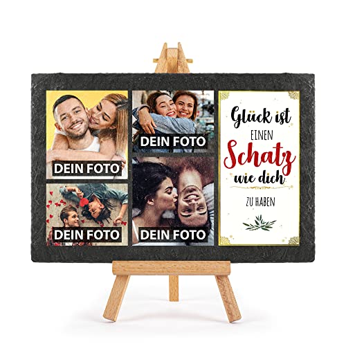 Schieferplatte selbst gestalten - mit 4 Fotos bedrucken - Glück ist einen Schatz wie dich zu haben - Geschenk Valentinstag, Jahrestag, Hochzeit, Geburtstag, Schiefertafel mit Staffelei, 20 x 30 cm Schieferplatte selbst gestalten - mit 4 Fotos bedrucken - Glück ist einen Schatz wie dich zu haben - Geschenk Valentinstag, Jahrestag, Hochzeit, Geburtstag, Schiefertafel mit Staffelei, 20 x 30 cm von PR Print Royal