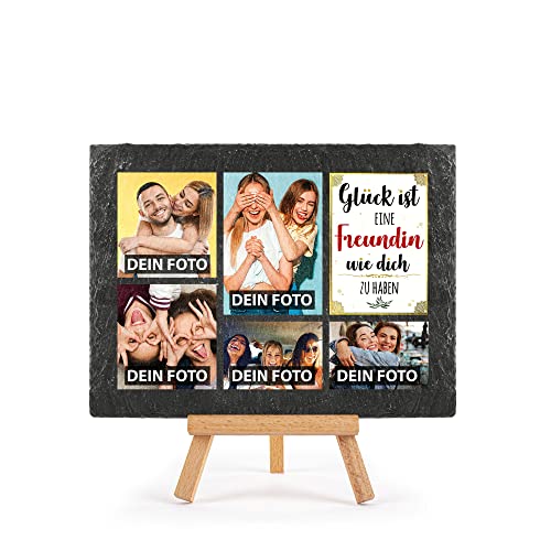 Schieferplatte selbst gestalten - mit 5 Fotos bedrucken - Glück ist einen Freundin wie dich zu haben - Geschenk Valentinstag, Jahrestag, Hochzeit, Geburtstag, Schiefertafel mit Staffelei, 15 x 20 cm Schieferplatte selbst gestalten - mit 5 Fotos bedrucken - Glück ist einen Freundin wie dich zu haben - Geschenk Valentinstag, Jahrestag, Hochzeit, Geburtstag, Schiefertafel mit Staffelei, 15 x 20 cm von PR Print Royal