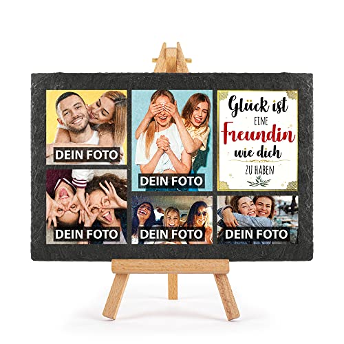 Schieferplatte selbst gestalten - mit 5 Fotos bedrucken - Glück ist einen Freundin wie dich zu haben - Geschenk Valentinstag, Jahrestag, Hochzeit, Geburtstag, Schiefertafel mit Staffelei, 20 x 30 cm Schieferplatte selbst gestalten - mit 5 Fotos bedrucken - Glück ist einen Freundin wie dich zu haben - Geschenk Valentinstag, Jahrestag, Hochzeit, Geburtstag, Schiefertafel mit Staffelei, 20 x 30 cm von PR Print Royal