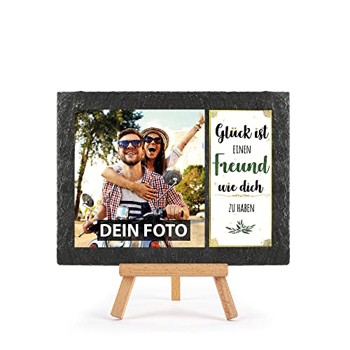 Schieferplatte selbst gestalten - mit Foto bedrucken - Glück ist einen Freund wie dich zu haben - Geschenk Valentinstag, Jahrestag, Hochzeit, Geburtstag, Schiefertafel mit Staffelei, 15 x 20 cm von PR Print Royal