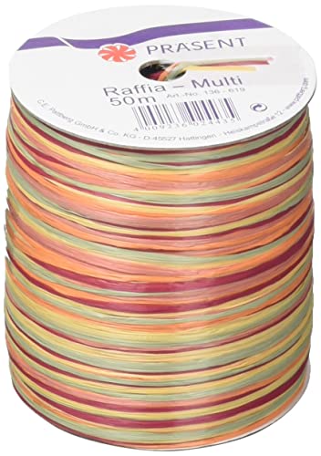 PRÄSENT C.E. Pattberg Raffia-Multicolour Bastband orange-grün-braun, 50 m Geschenkband zum Einpacken, 5-strängiges Bastelband für Geschenke, Zubehör zum Dekorieren & Basteln von PRÄSENT