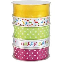 PRÄSENT Geschenkband Geburtstag satiniert bunt/gelb/hellgrün/pink 15,0/25,0 mm x 5x 3,0m PRÄSENT Geschenkband Geburtstag satiniert bunt/gelb/hellgrün/pink 15,0/25,0 mm x 5x 3,0m von PRÄSENT