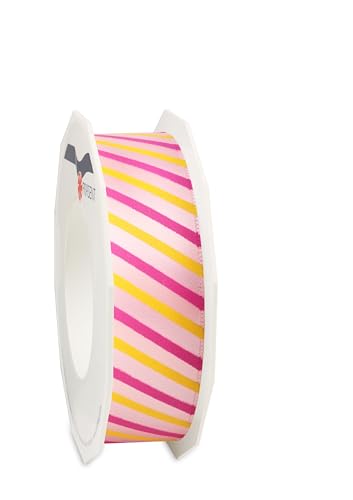 PRÄSENT Geschenkband MALTA mit Drahtkante rosa (gelb/pink), 20 Meter Dekoband, 25 mm Breite, leicht biegsames Schleifenband zum Dekorieren & Basteln, für besondere Anlässe von PRÄSENT