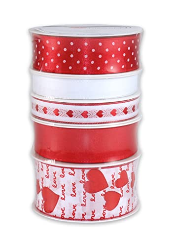 PRÄSENT HERZEN rot/weiß, 5 x 3 m Schleifenband, in verschiedenen Breiten, Geschenkbandset für Verpackungen und Dekorationen, weiche Stoffbänder in fünf verschiedenen Varianten von PRÄSENT